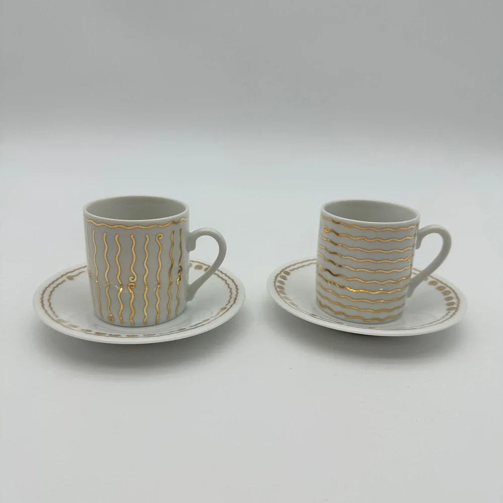 Pottery Barn Nile Gold Swirl Espresso Cups & Saucers Set of 2‎ Mix Match